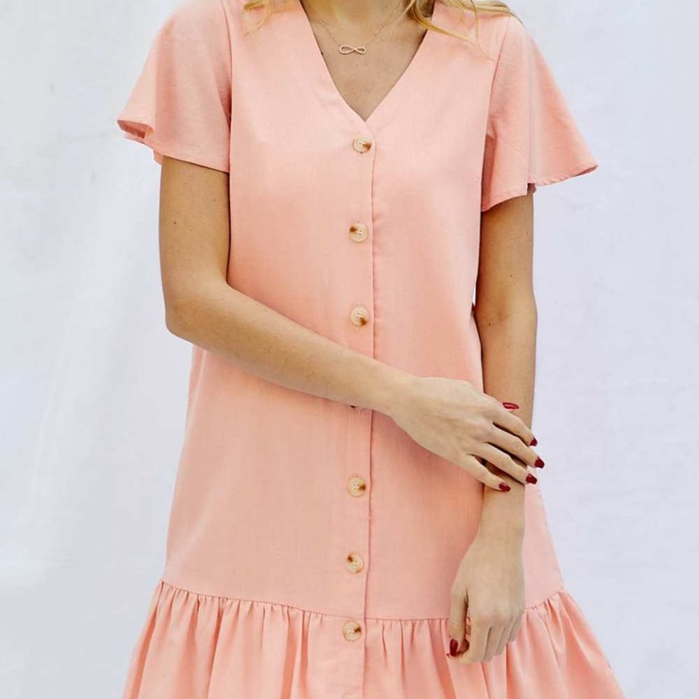 BUTTON DOWN V-NECK DRESS- Light Peach